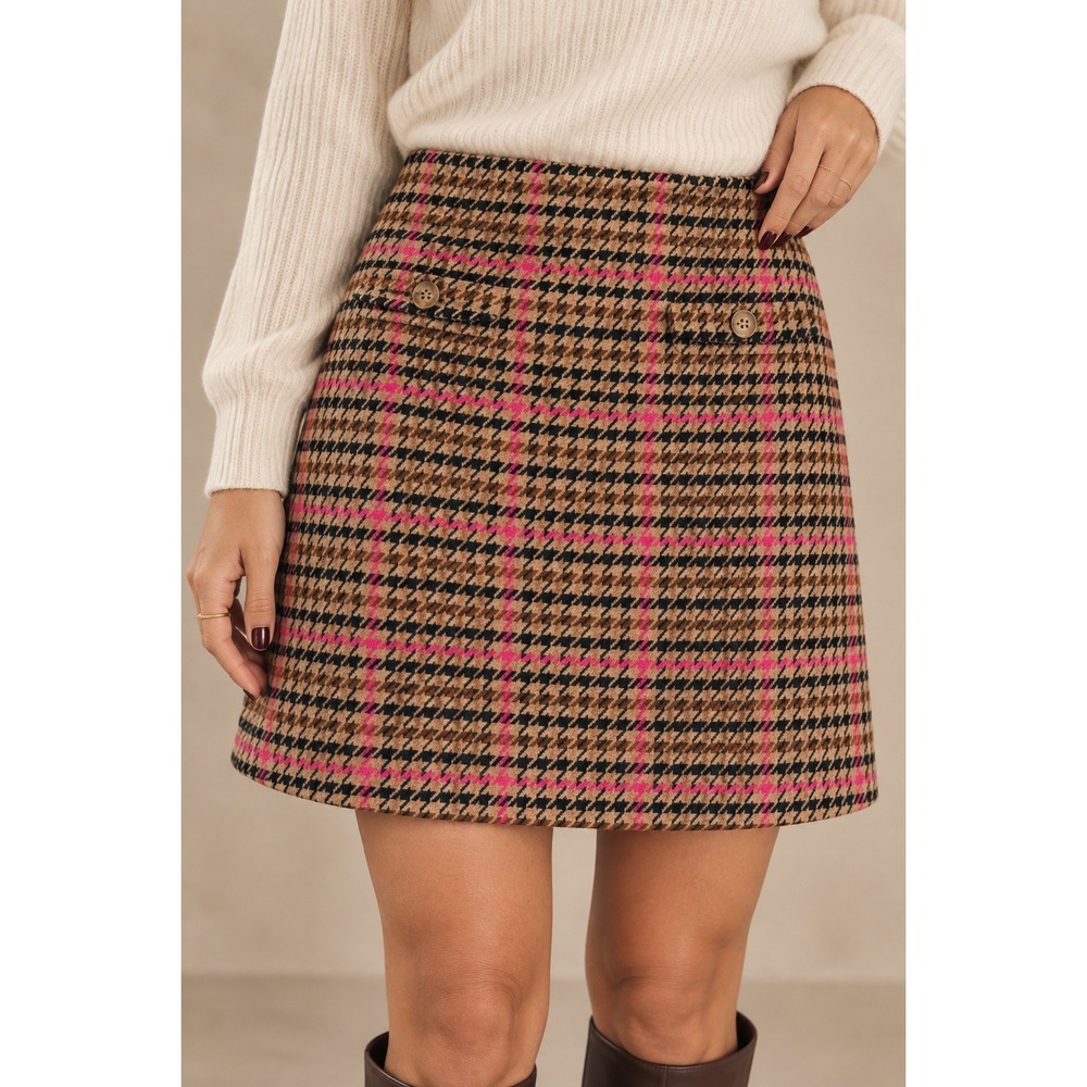 Loft Womens Houndstooth Plaid Mini Skirt Brown Pink Wool Blend Size 4 NEW